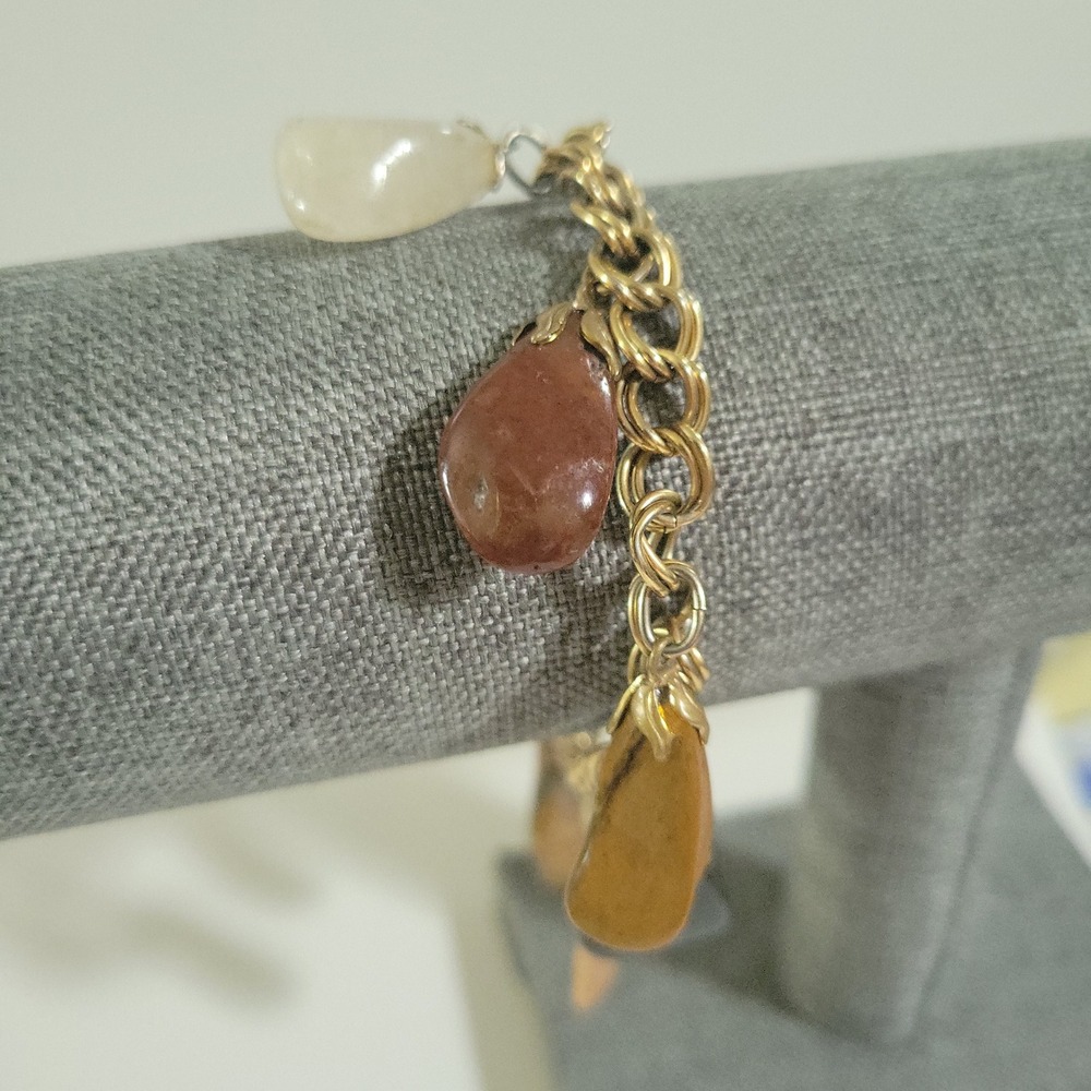 Vintage Gold Tone Natural Stone Tumbled Charm Bracelet 7 Inch Earthcore
